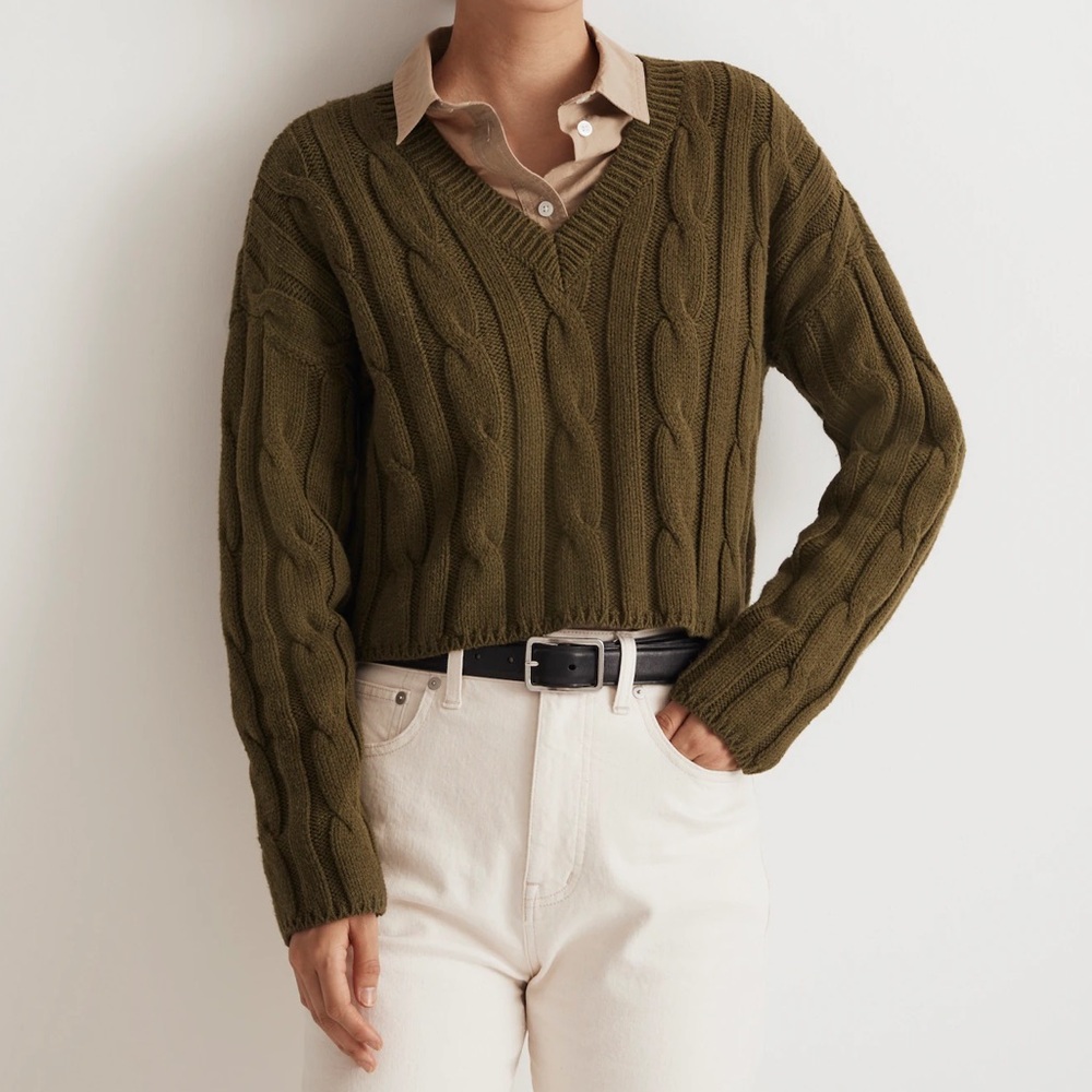 Madewell Green Cable-Knit V-Neck Crop Sweater